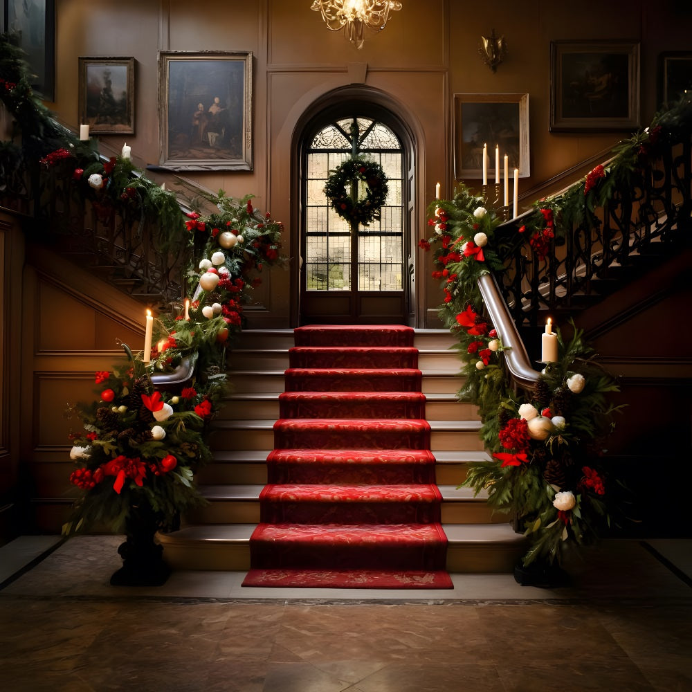 Toile de Fond de Grand Escalier avec Guirlande Festive de Noël RR8-265