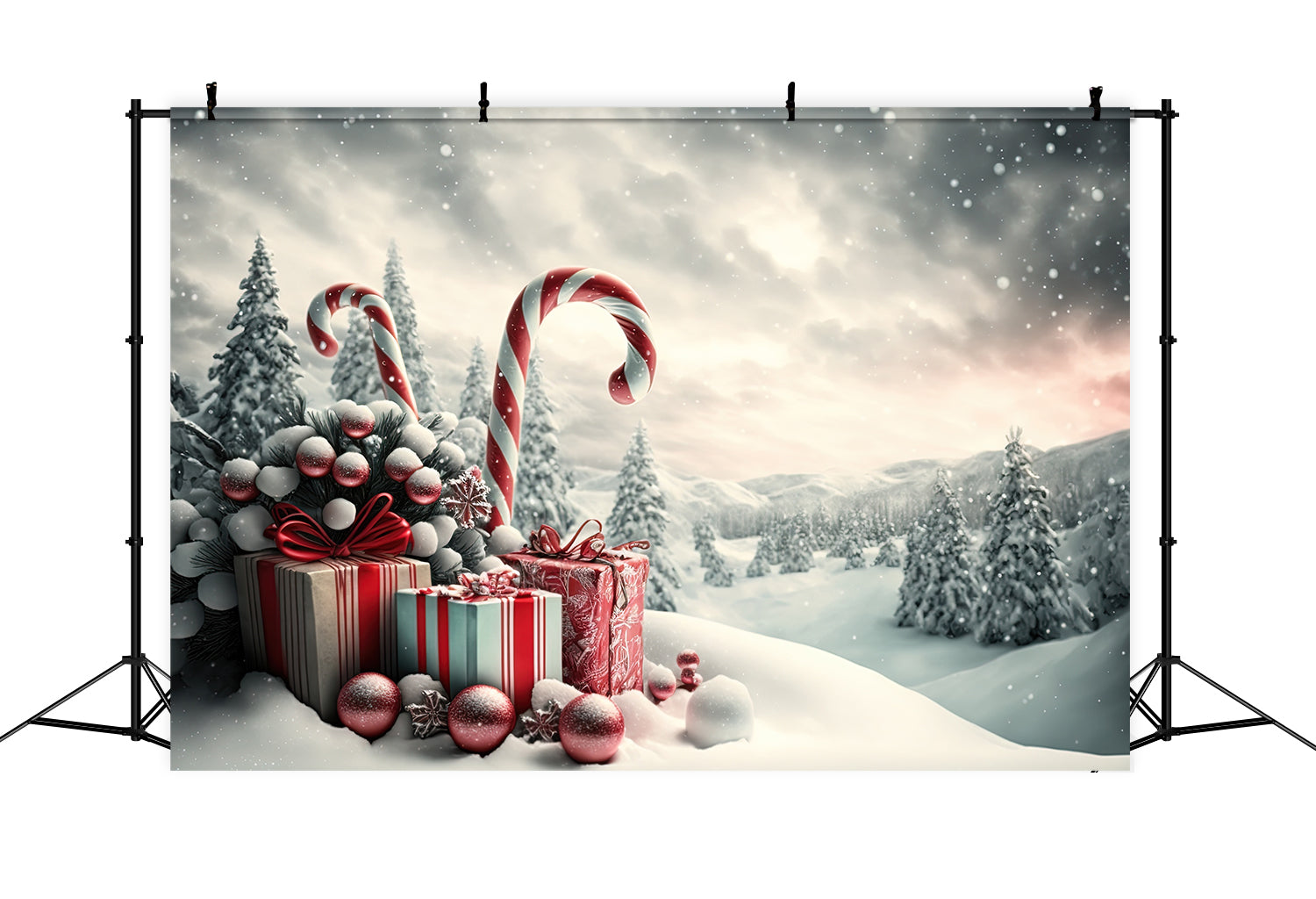Toile de Fond de Fenêtre Luxueuse avec Décor Doré de Noël RR8-267