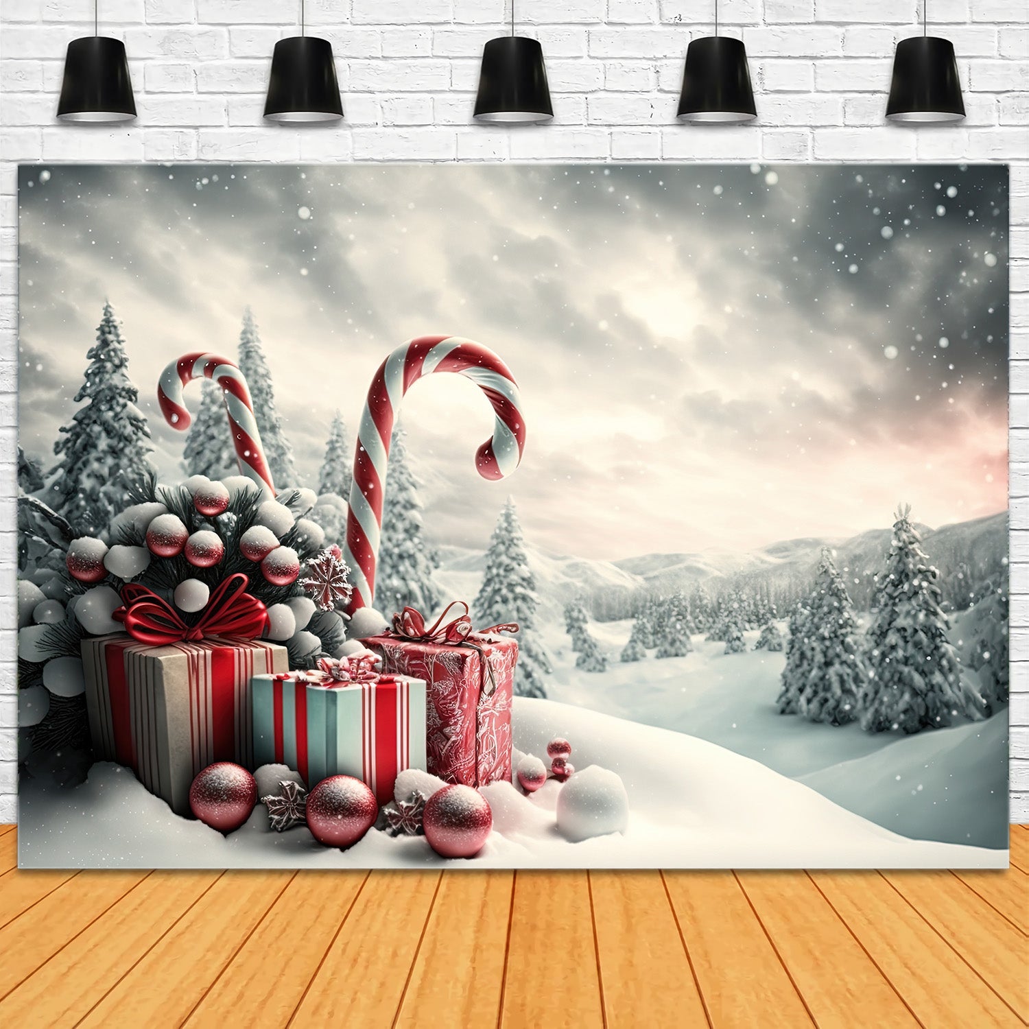 Toile de Fond de Fenêtre Luxueuse avec Décor Doré de Noël RR8-267