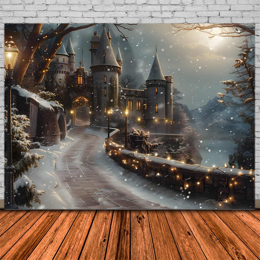 Toile de fond Château Enneigé Route Nocturne de Noël RR8-29