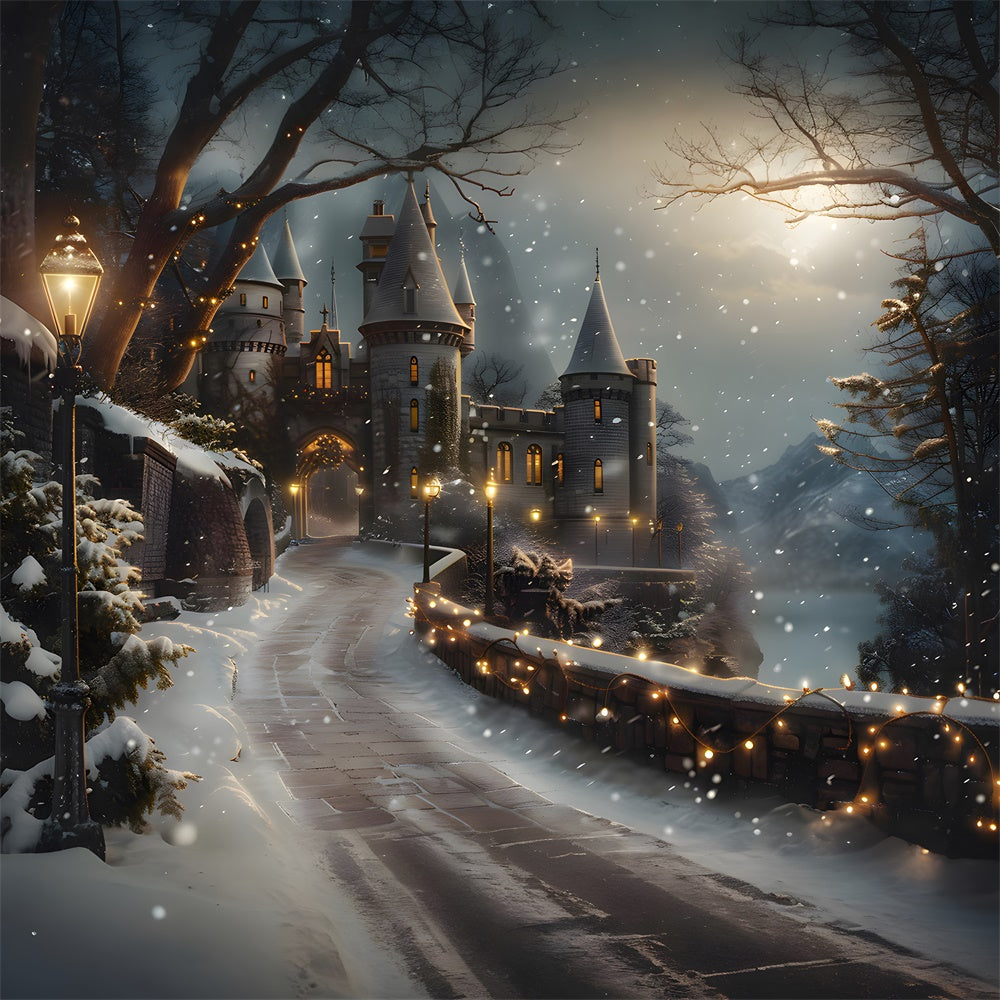 Toile de fond Château Enneigé Route Nocturne de Noël RR8-29