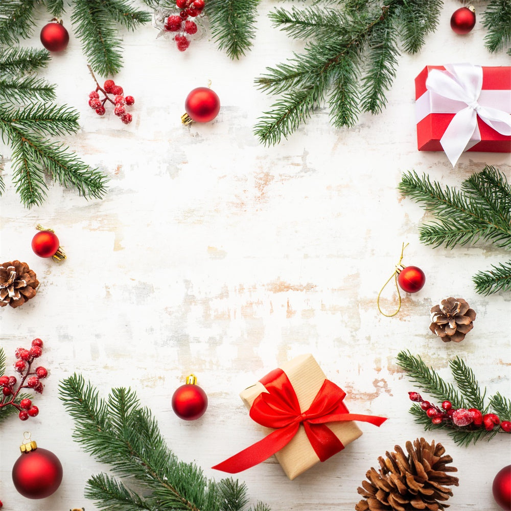 Toile de Fond Sol Rustique avec Décorations et Cadeaux de Noël RR8-295