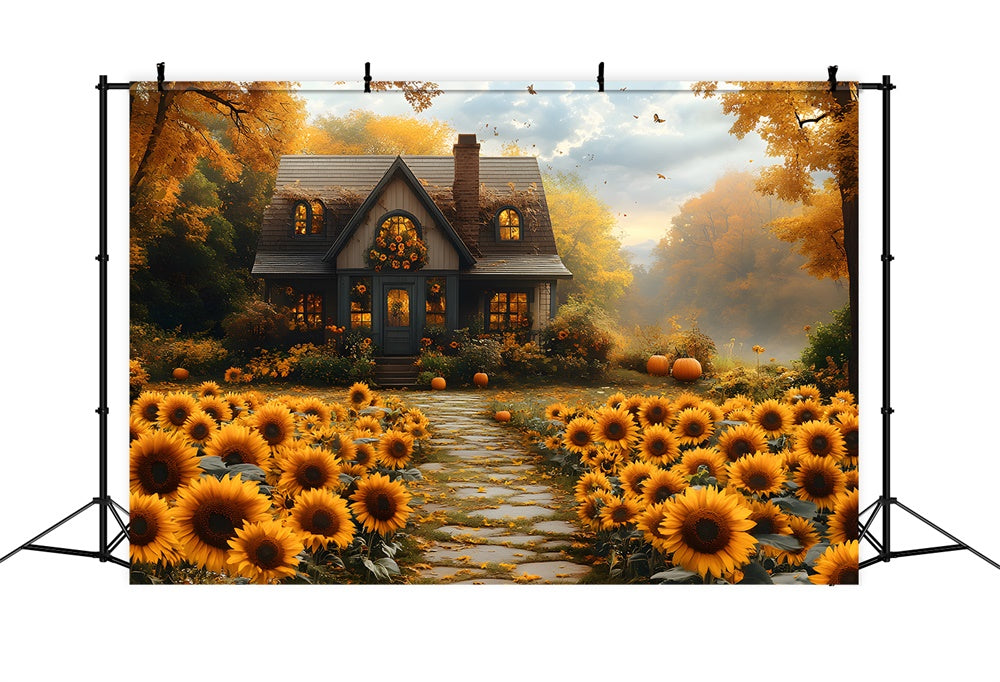 Toile de Fond Maison en Bois avec Tournesols d'Automne RR8-312