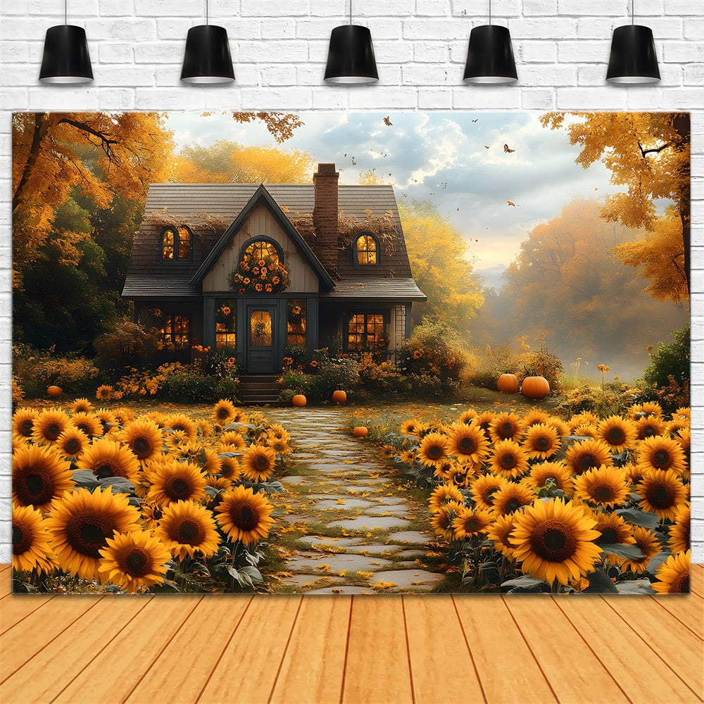 Toile de Fond Maison en Bois avec Tournesols d'Automne RR8-312