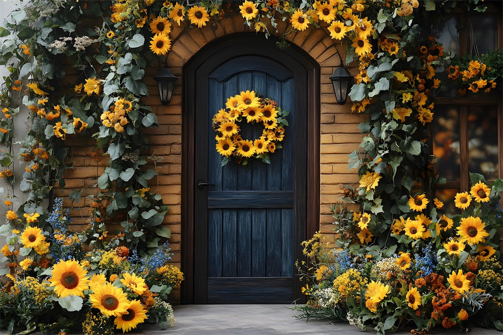 Toile de Fond Couronne de Tournesols Adornant une Porte d'Automne RR8-314