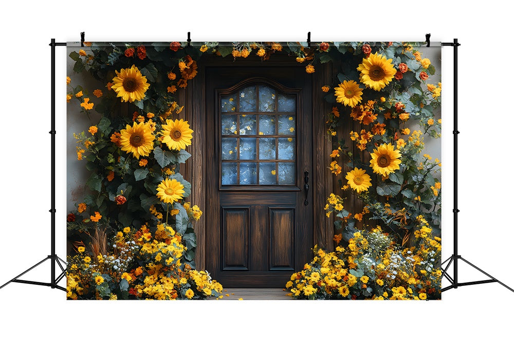 Toile de Fond Porte Décorée d'une Couronne de Tournesols d'Automne RR8-315