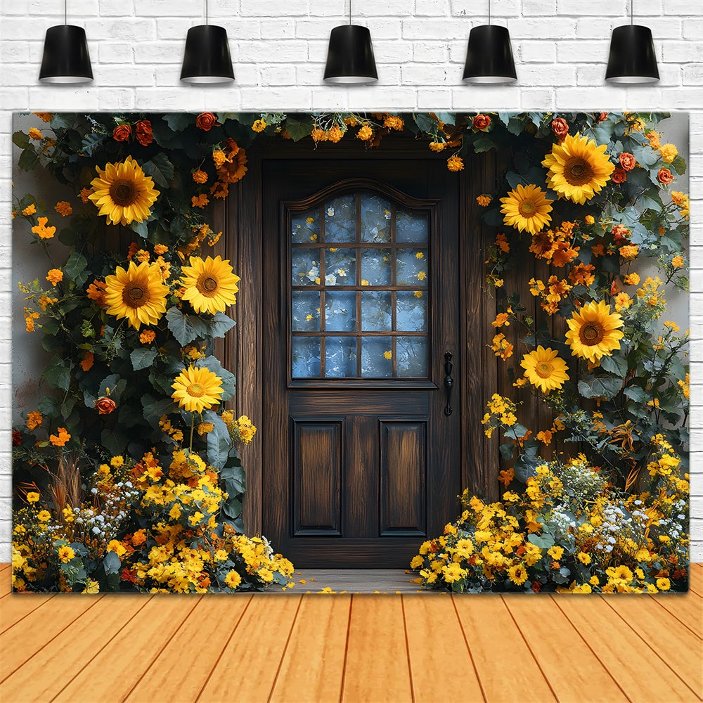 Toile de Fond Porte Décorée d'une Couronne de Tournesols d'Automne RR8-315