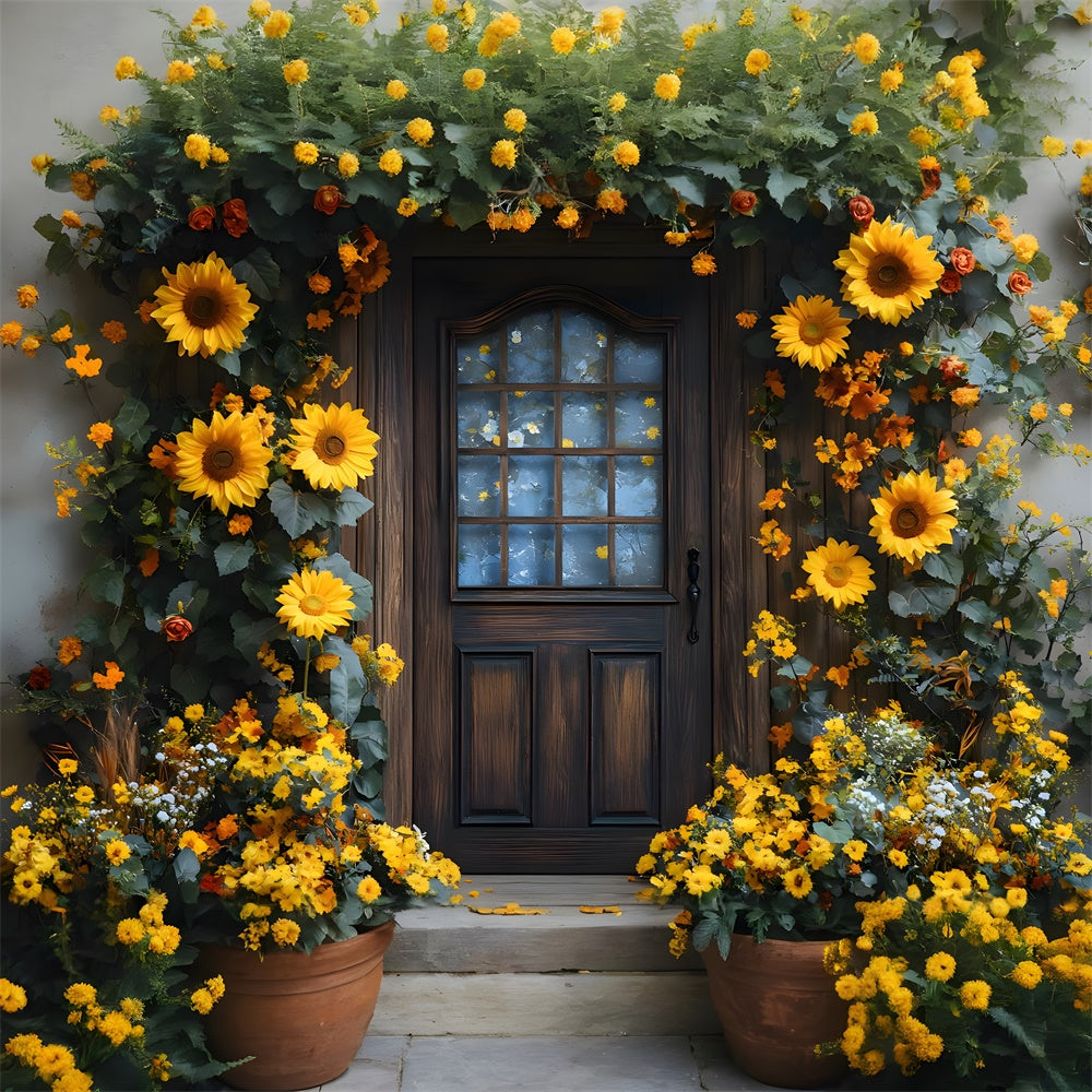 Toile de Fond Porte Décorée d'une Couronne de Tournesols d'Automne RR8-315