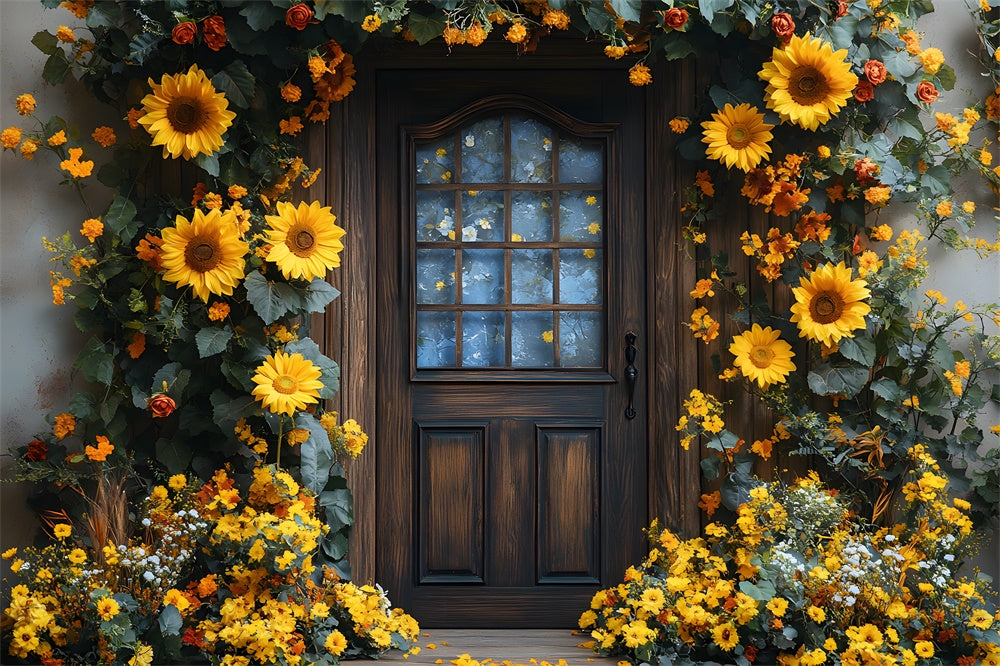 Toile de Fond Porte Décorée d'une Couronne de Tournesols d'Automne RR8-315