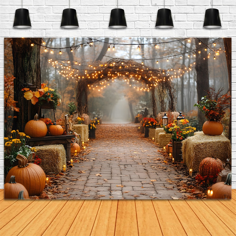Toile de Fond Citrouilles et Bottes de Paille Guirlandes Lumineuses d'Automne RR8-318