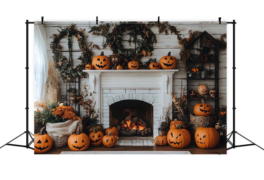 Toile de Fond Citrouilles Couronne Devant Cheminée d'Automne RR8-321