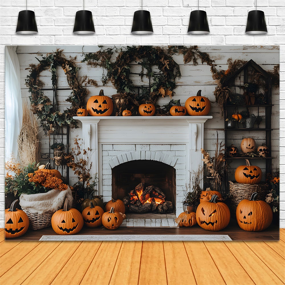 Toile de Fond Citrouilles Couronne Devant Cheminée d'Automne RR8-321