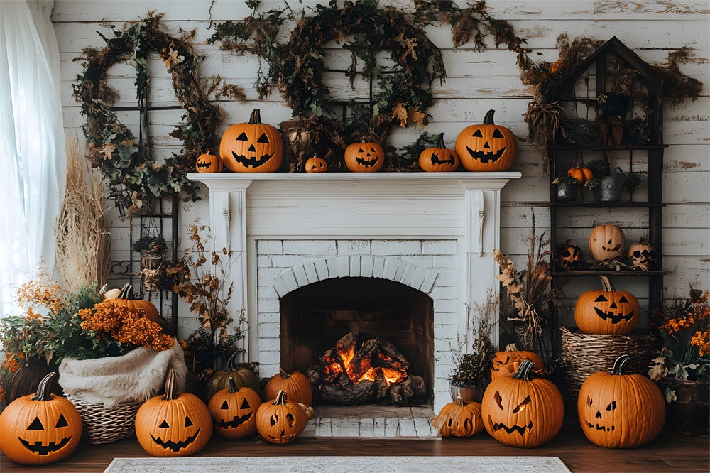 Toile de Fond Citrouilles Couronne Devant Cheminée d'Automne RR8-321