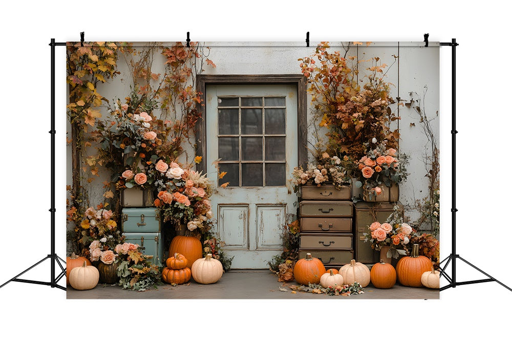 Toile de Fond Fleurs et Citrouille Devant Porte Rustique d'Automne RR8-324