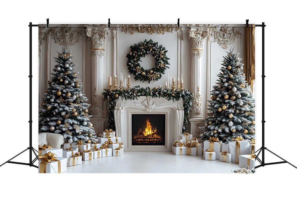 Toile de fond Sapins de Noël Cadeaux Cheminée RR8-33