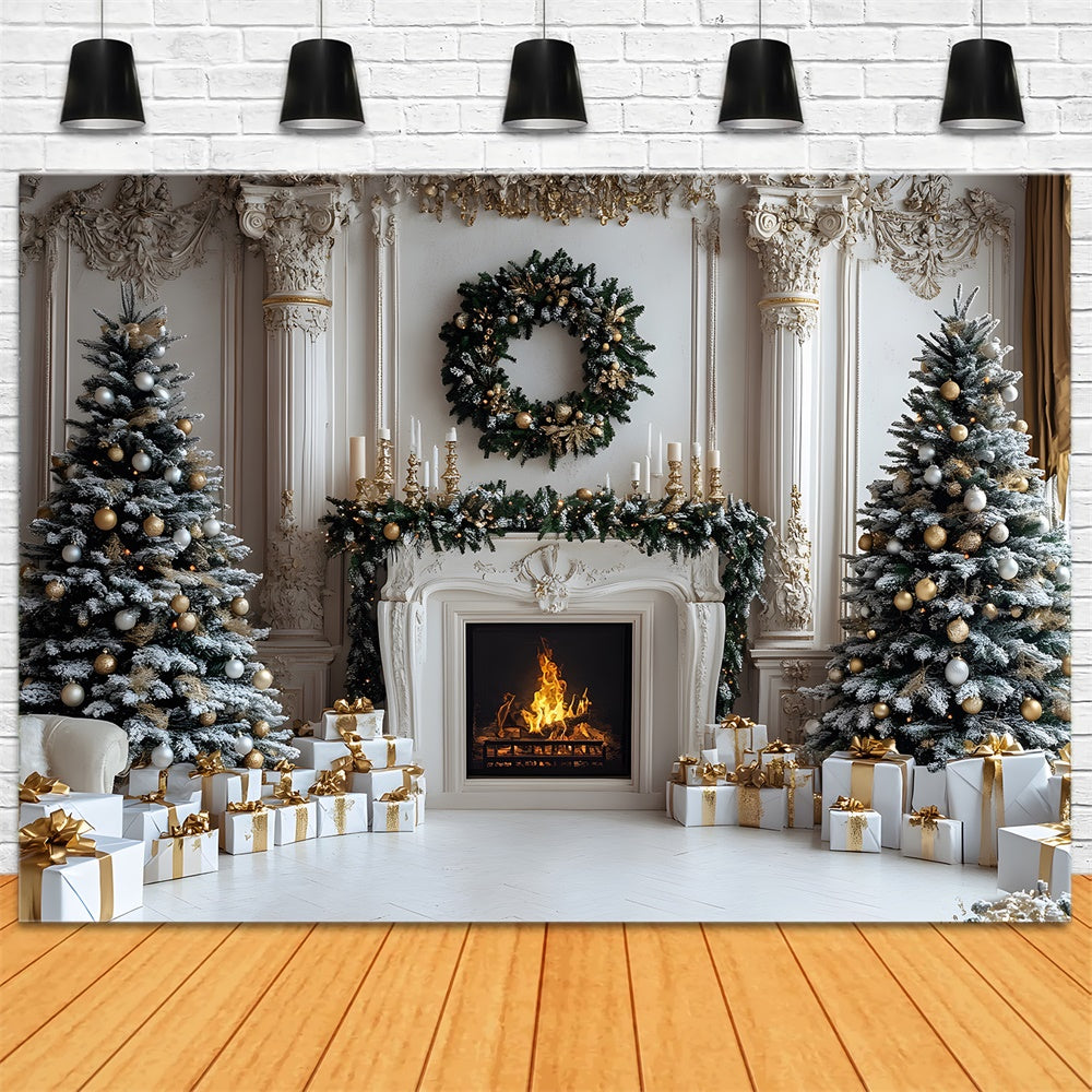 Toile de fond Sapins de Noël Cadeaux Cheminée RR8-33