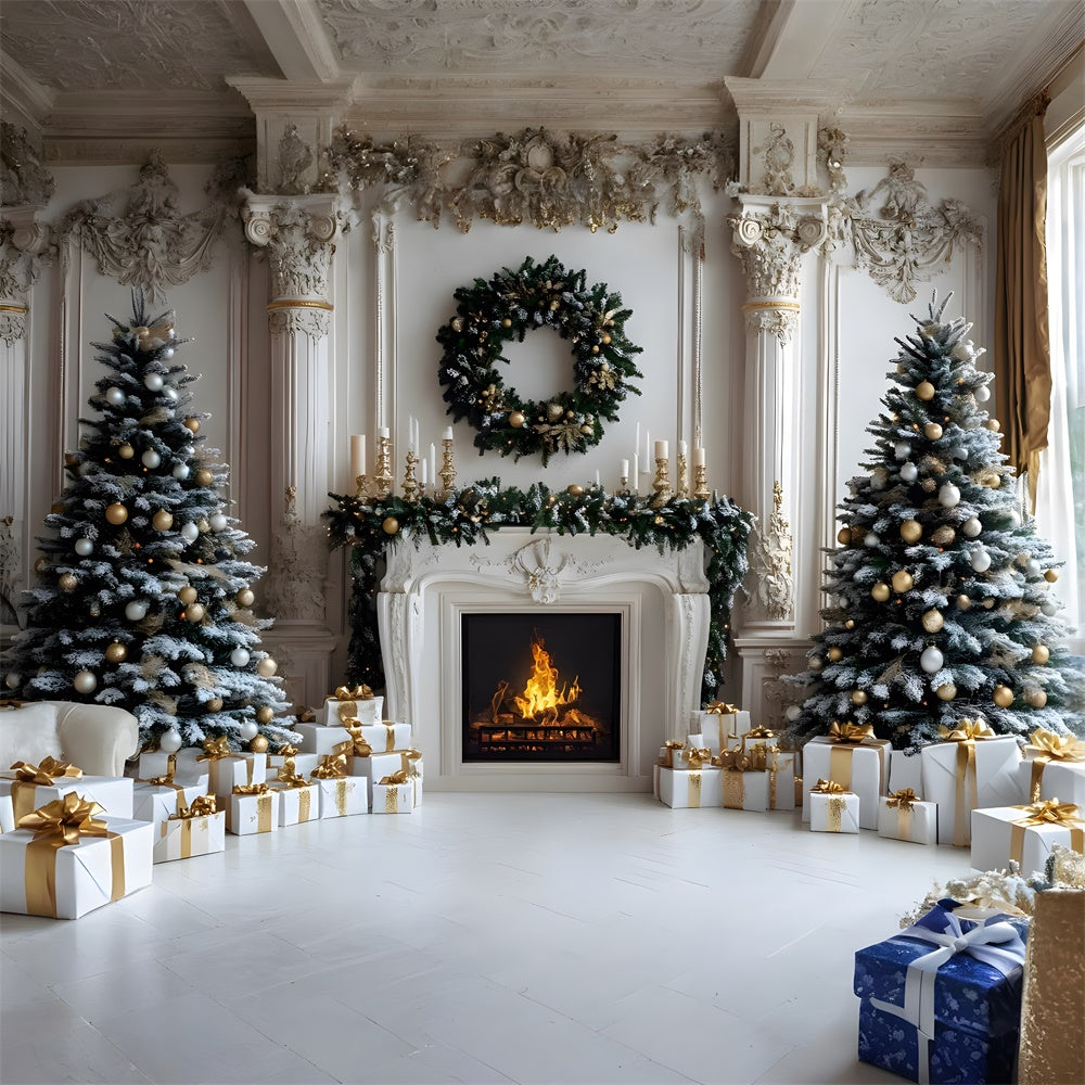 Toile de fond Sapins de Noël Cadeaux Cheminée RR8-33
