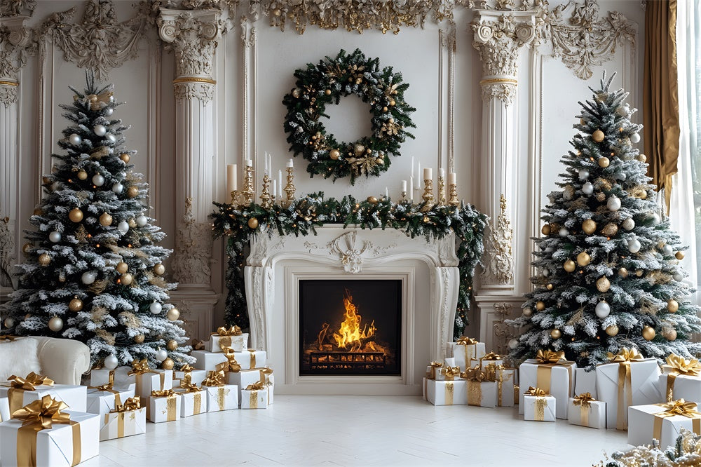 Toile de fond Sapins de Noël Cadeaux Cheminée RR8-33