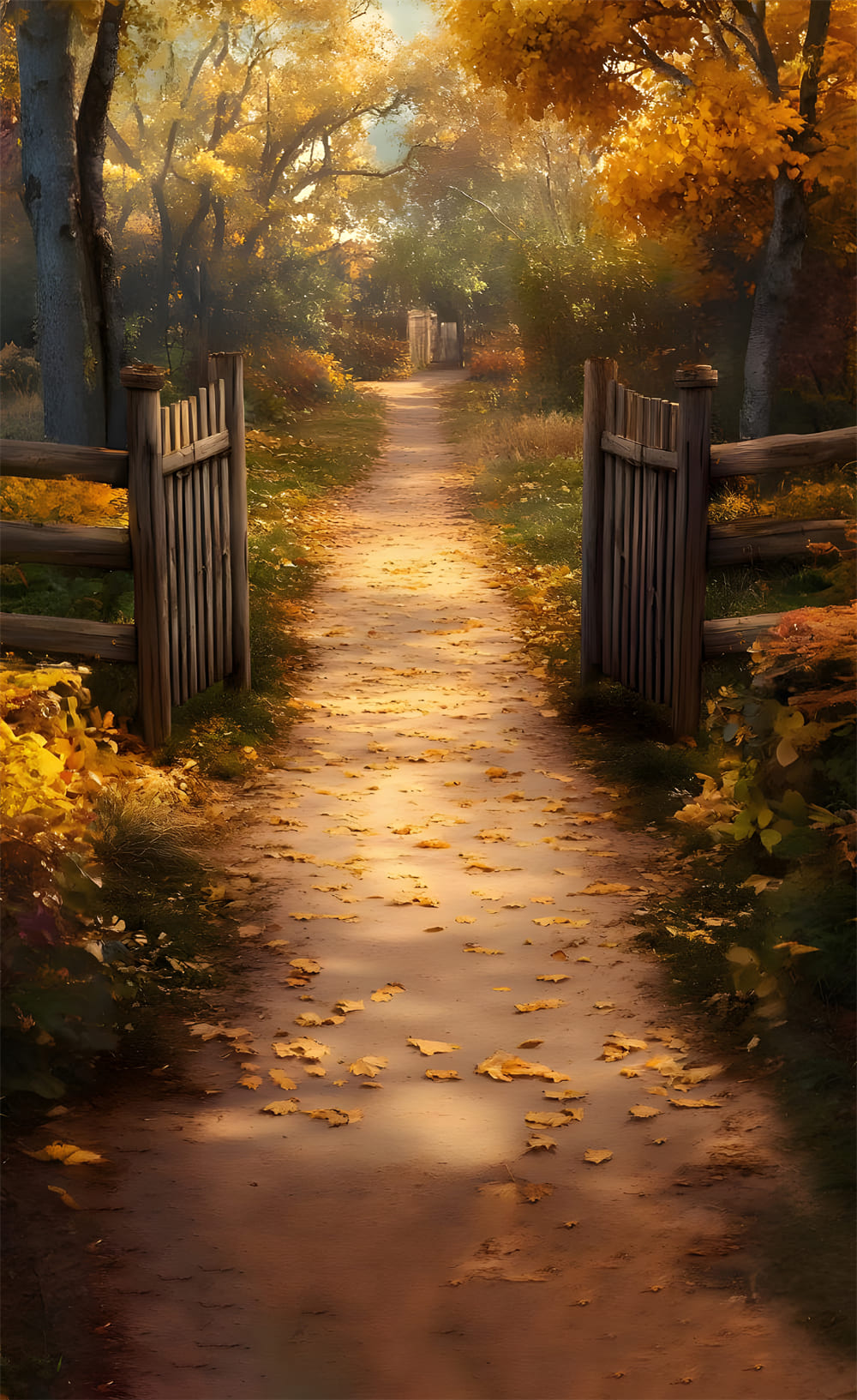 Toile de Fond Chalet Automnal avec Chemin de Feuilles d'Érable RR8-334