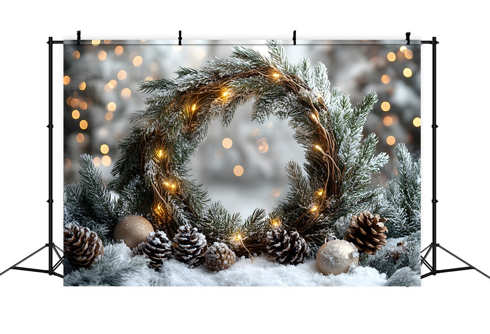 Toile de Fond Sapin de Noël et Couronne avec Pommes de Pin RR8-336