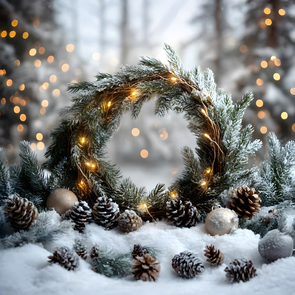 Toile de Fond Sapin de Noël et Couronne avec Pommes de Pin RR8-336