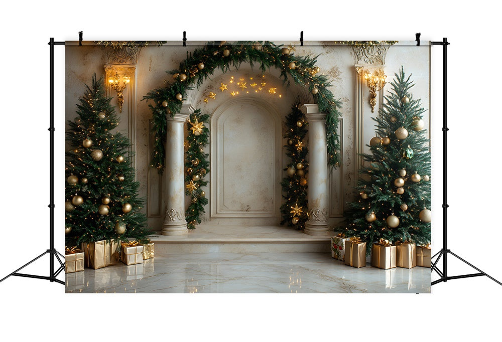 Toile de Fond Porte de Manoir avec Arbre et Couronne de Noël RR8-337