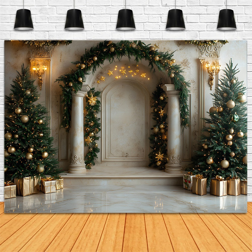 Toile de Fond Porte de Manoir avec Arbre et Couronne de Noël RR8-337