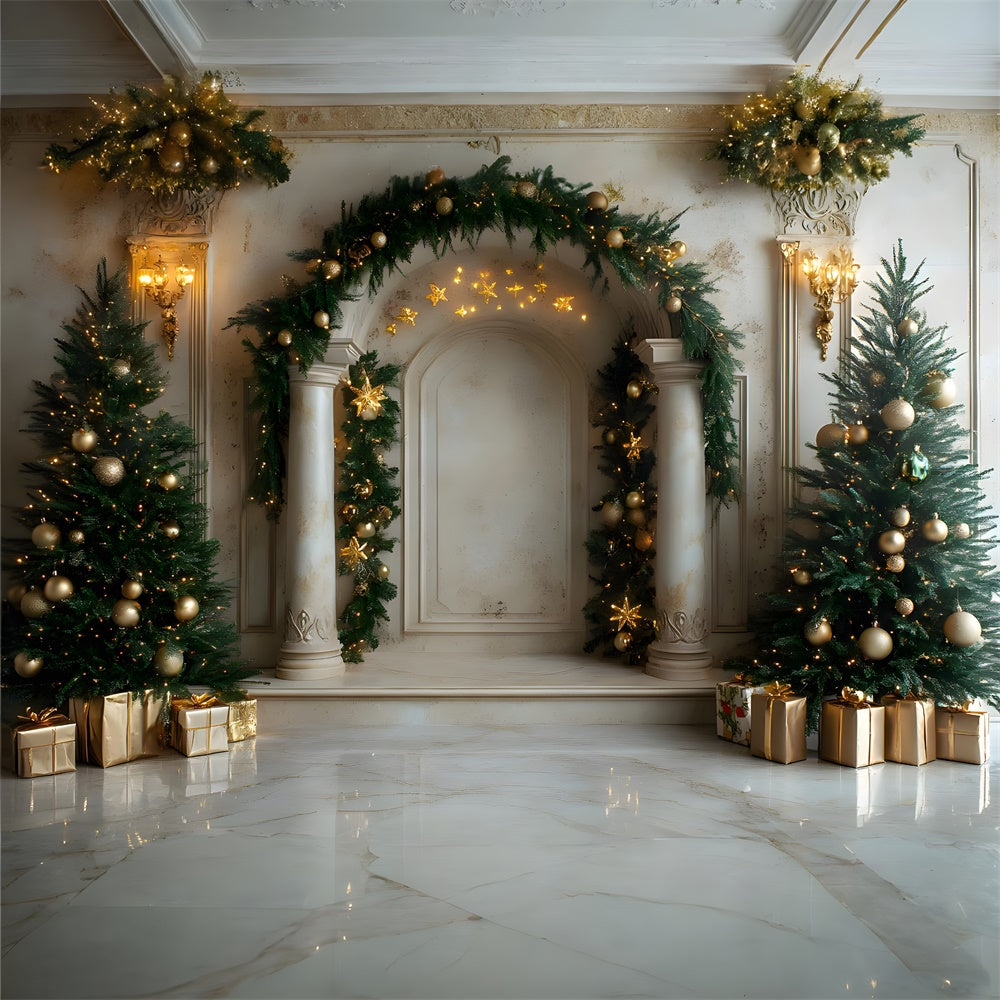 Toile de Fond Porte de Manoir avec Arbre et Couronne de Noël RR8-337