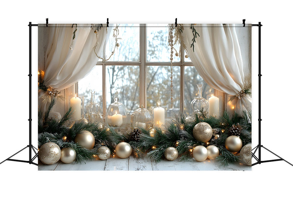 Toile de Fond Boules de Noël Bougies et Vue sur Fenêtre RR8-339