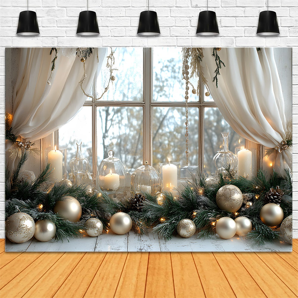 Toile de Fond Boules de Noël Bougies et Vue sur Fenêtre RR8-339