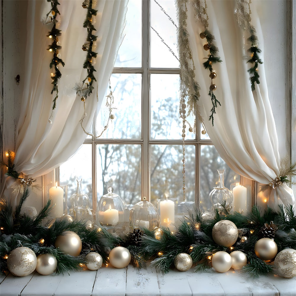 Toile de Fond Boules de Noël Bougies et Vue sur Fenêtre RR8-339