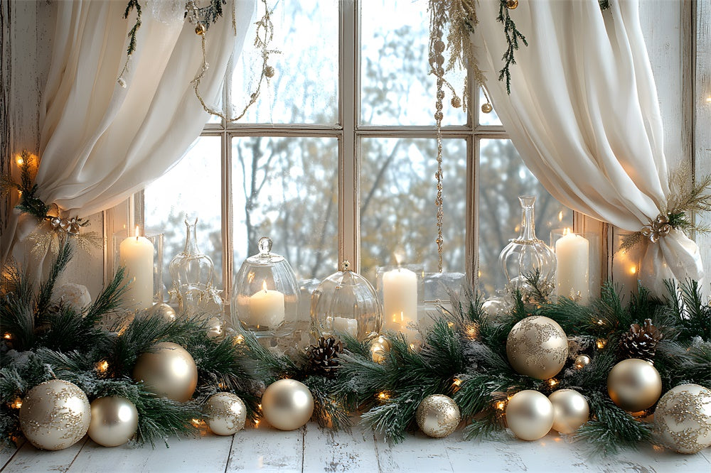 Toile de Fond Boules de Noël Bougies et Vue sur Fenêtre RR8-339