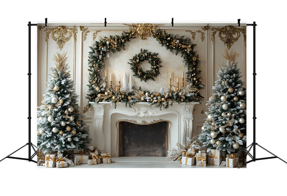 Toile de fond Couronne Sapins Cheminée de Noël RR8-34