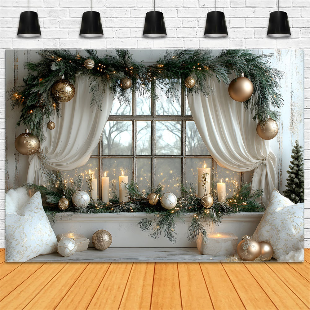Toile de Fond Fenêtre Décorée avec Couronne de Noël RR8-340