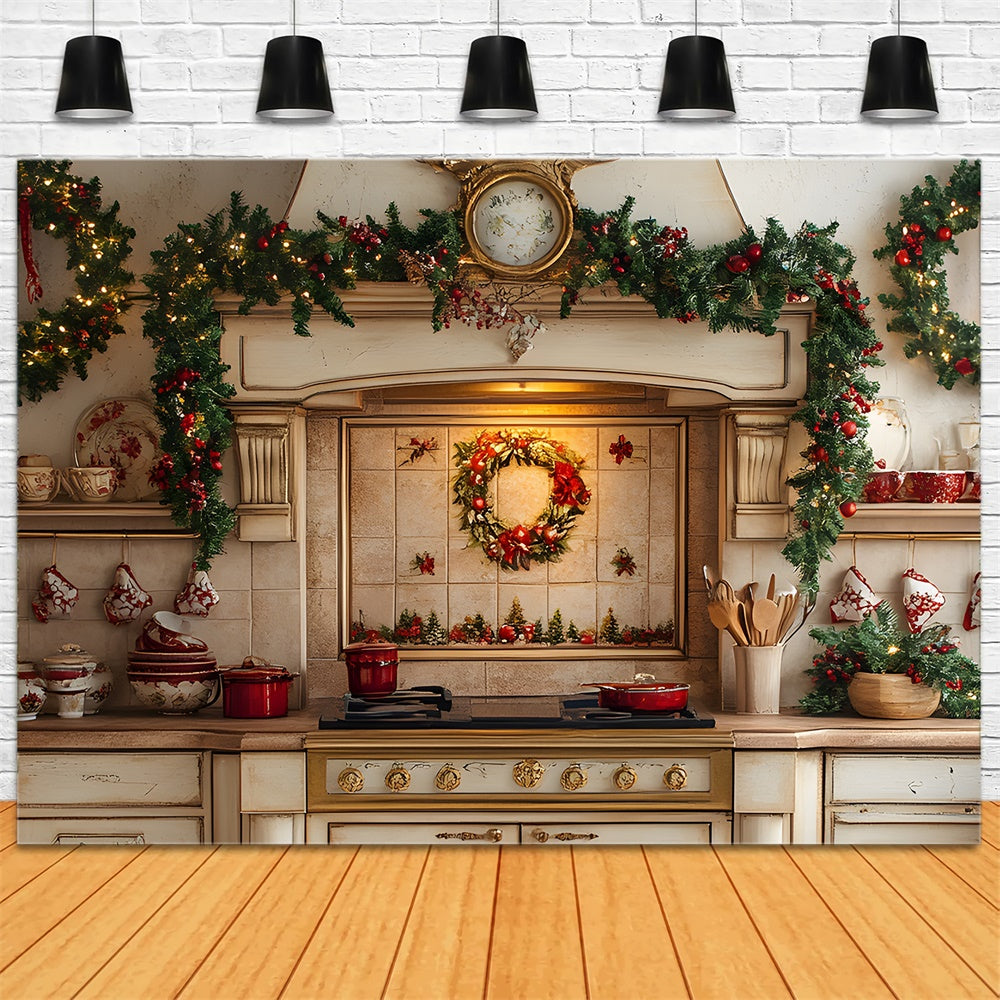Toile de Fond Cuisine de Noël avec Guirlande et Couronne RR8-342