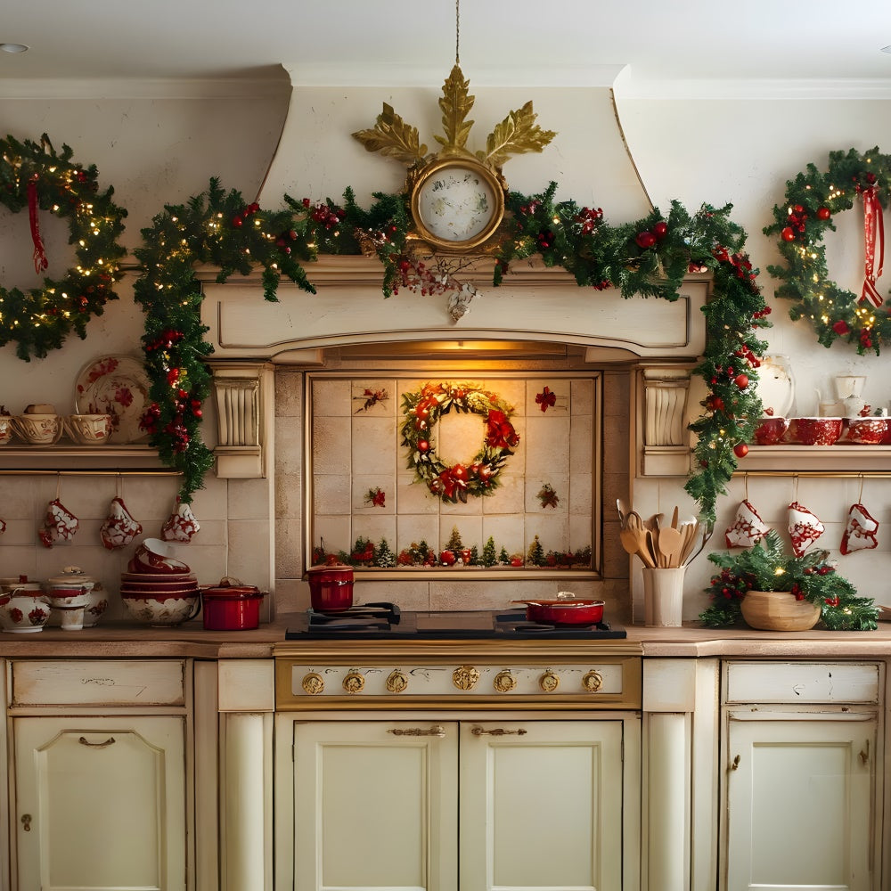 Toile de Fond Cuisine de Noël avec Guirlande et Couronne RR8-342