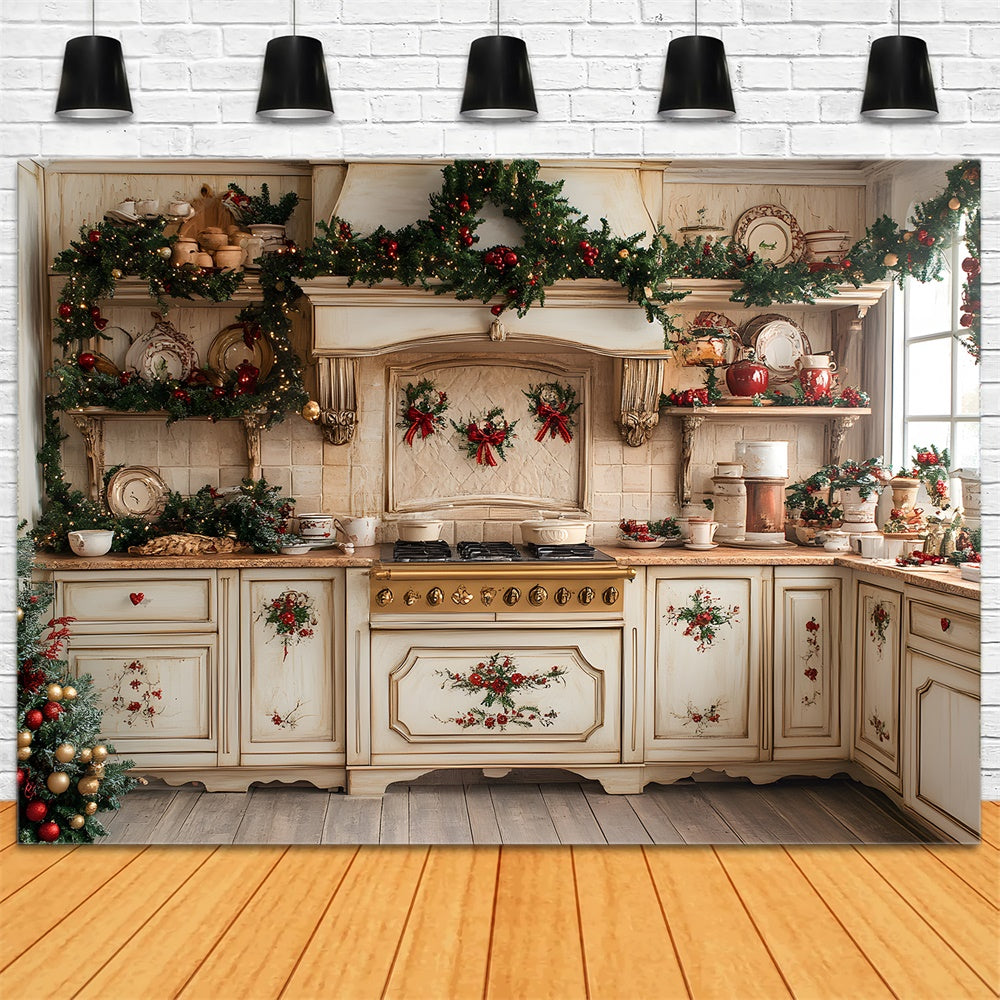 Toile de Fond Photographie avec Couronne de Noël dans la Cuisine RR8-343