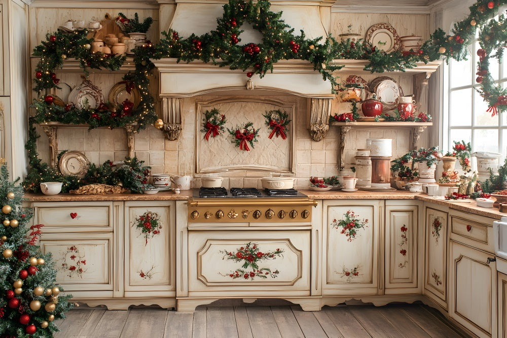 Toile de Fond Photographie avec Couronne de Noël dans la Cuisine RR8-343