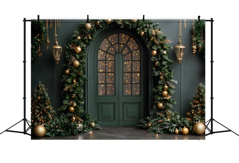 Toile de Fond Sapin de Noël Mur Vert et Porte RR8-345