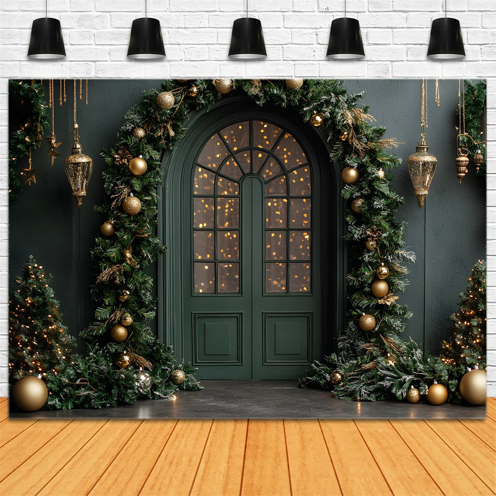 Toile de Fond Sapin de Noël Mur Vert et Porte RR8-345