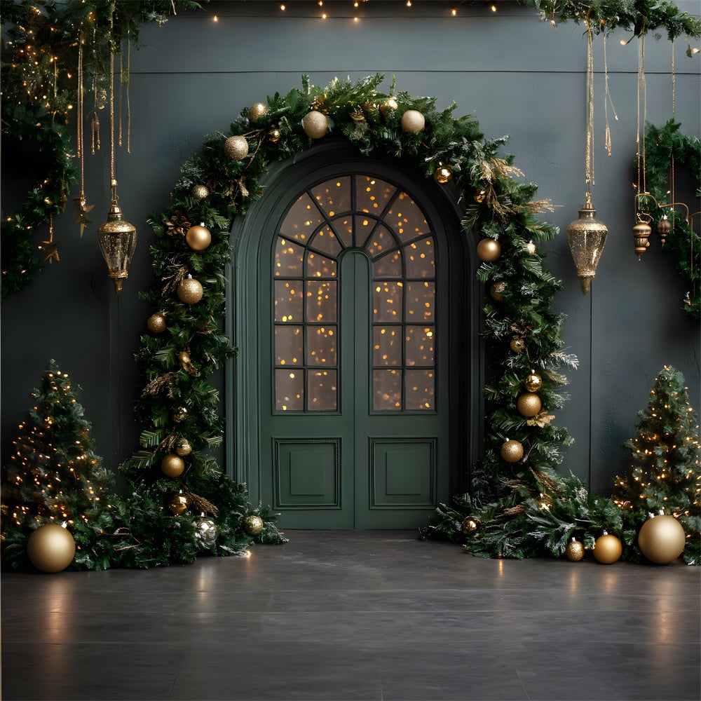 Toile de Fond Sapin de Noël Mur Vert et Porte RR8-345