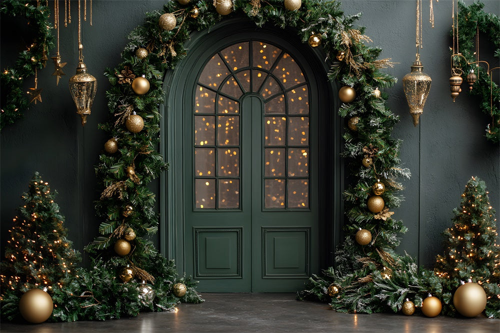 Toile de Fond Sapin de Noël Mur Vert et Porte RR8-345