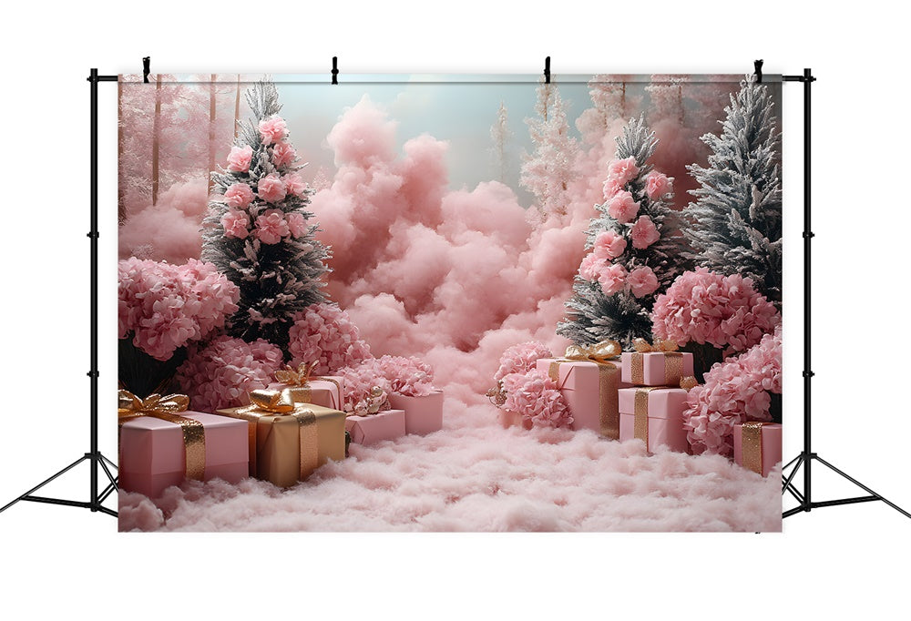 Toile de Fond Arbres de Noël Roses et Boîtes de Cadeaux RR8-349