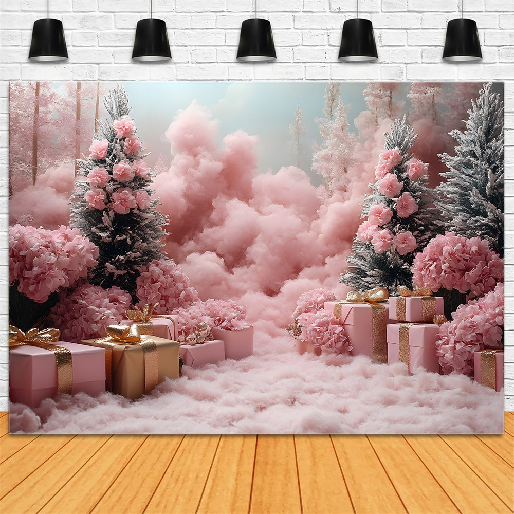 Toile de Fond Arbres de Noël Roses et Boîtes de Cadeaux RR8-349