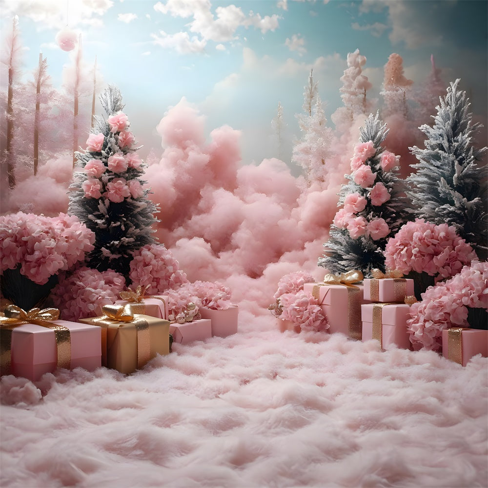 Toile de Fond Arbres de Noël Roses et Boîtes de Cadeaux RR8-349