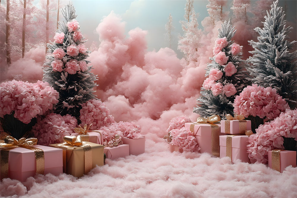 Toile de Fond Arbres de Noël Roses et Boîtes de Cadeaux RR8-349