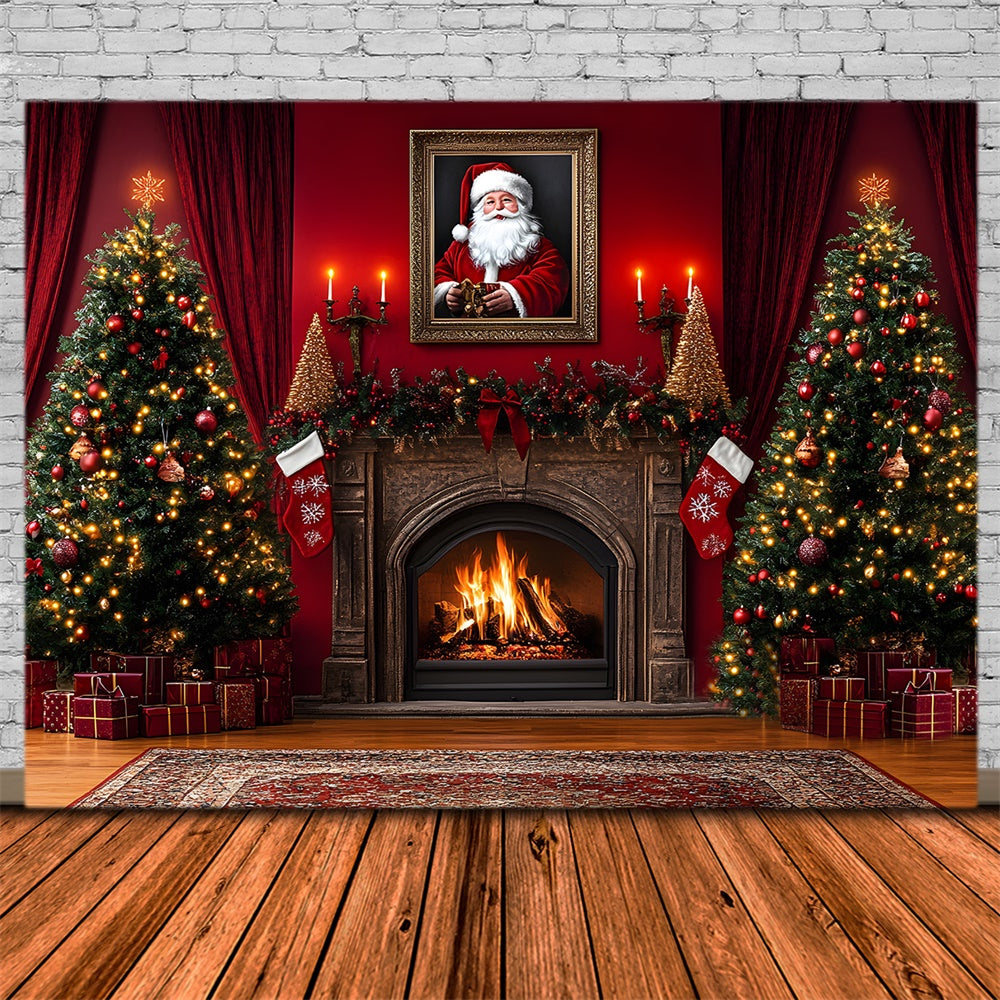 Toile de Fond Sapin de Noël et Cheminée avec Père Noël RR8-354