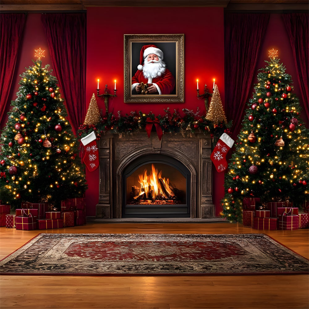 Toile de Fond Sapin de Noël et Cheminée avec Père Noël RR8-354