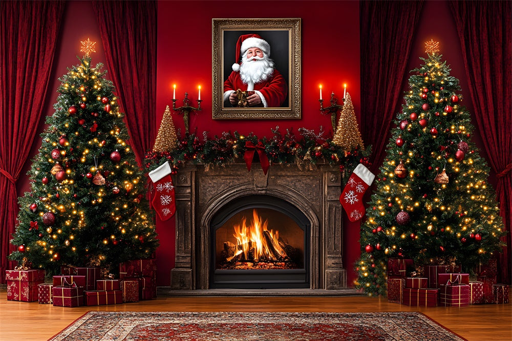 Toile de Fond Sapin de Noël et Cheminée avec Père Noël RR8-354