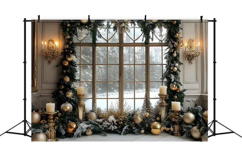 Toile de fond Fenêtre Couronne Forêt Enneigée de Noël RR8-37